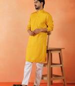 Cotton silk sequenced thread work yellow festive kurta with pyjamas