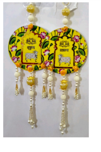 handmade yellow lotus mdf wall hangingcow design beads and home decor hanging (pack of 2)