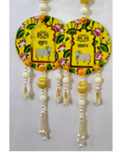 handmade yellow lotus mdf wall hangingcow design beads and home decor hanging (pack of 2)