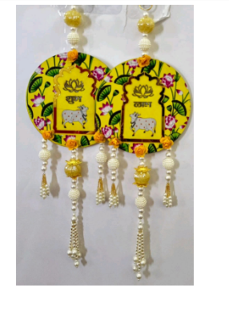 handmade yellow lotus mdf wall hangingcow design beads and home decor hanging (pack of 2)