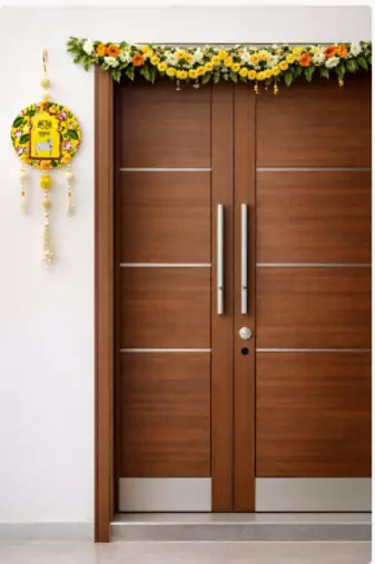 handmade yellow lotus mdf wall hangingcow design beads and home decor hanging (pack of 2)