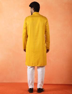 Cotton silk sequenced thread work yellow festive kurta with pyjamas 3