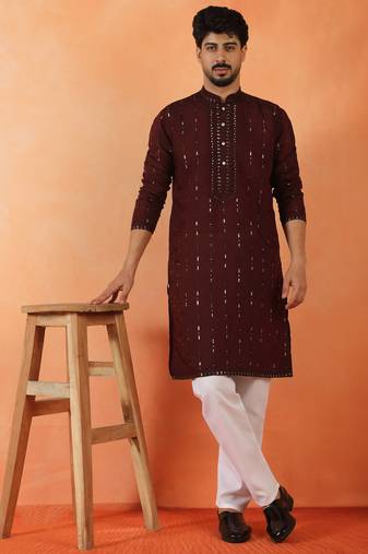Cotton silk sequenced & embroidered maroon festive kurta with pyjamas