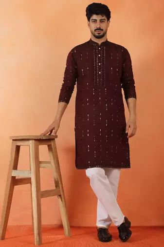 Cotton silk sequenced & embroidered maroon festive kurta with pyjamas