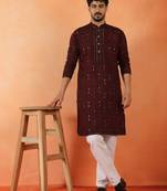 Cotton silk sequenced & embroidered maroon festive kurta with pyjamas