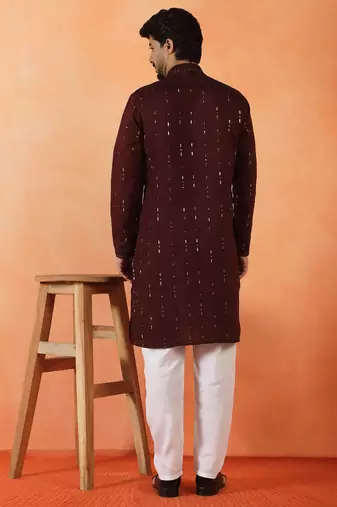Cotton silk sequenced & embroidered maroon festive kurta with pyjamas