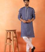 Cotton silk sequenced & embroidered purple festive kurta with pyjamas