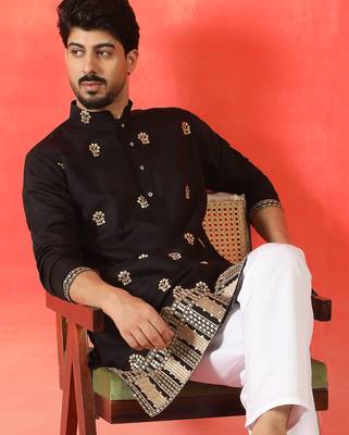 Cotton silk floral embroidered black kurta with pyjamas 1