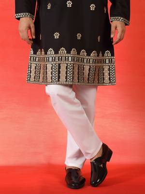 Cotton silk floral embroidered black kurta with pyjamas 5