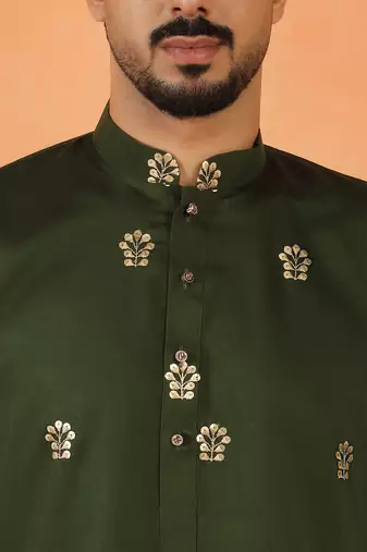 Cotton silk floral embroidered green kurta with pyjamas