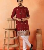 Cotton silk floral embroidered maroon kurta with pyjamas