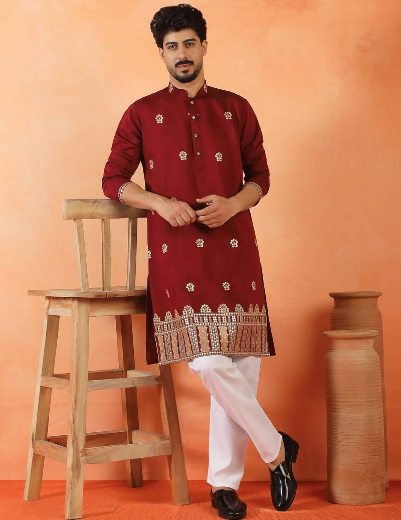 Cotton silk floral embroidered maroon kurta with pyjamas