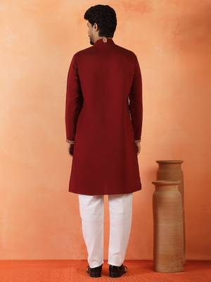 Cotton silk floral embroidered maroon kurta with pyjamas 3