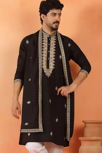 Cotton silk sequenced & embroidered black kurta set with dupatta