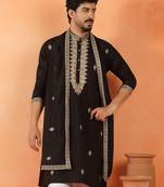 Cotton silk sequenced & embroidered black kurta set with dupatta