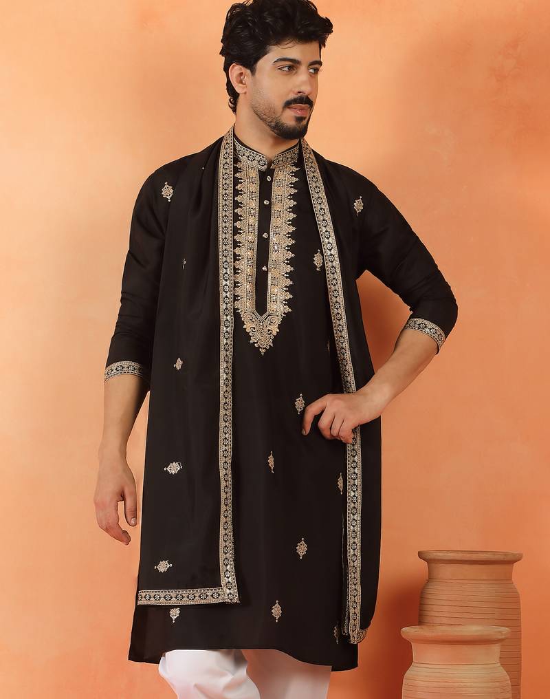 Cotton silk sequenced & embroidered black kurta set with dupatta