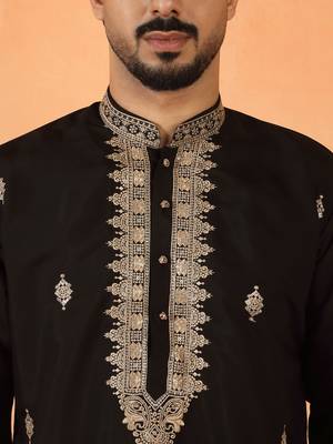 Cotton silk sequenced & embroidered black kurta set with dupatta 2