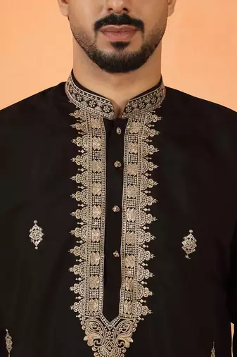 Cotton silk sequenced & embroidered black kurta set with dupatta
