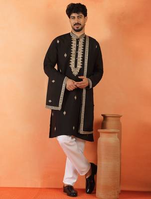 Cotton silk sequenced & embroidered black kurta set with dupatta 5