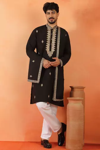Cotton silk sequenced & embroidered black kurta set with dupatta