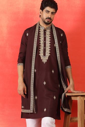 Cotton silk sequenced & embroidered maroon kurta set with dupatta