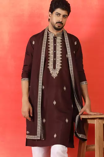 Cotton silk sequenced & embroidered maroon kurta set with dupatta