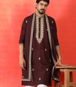 Cotton silk sequenced & embroidered maroon kurta set with dupatta