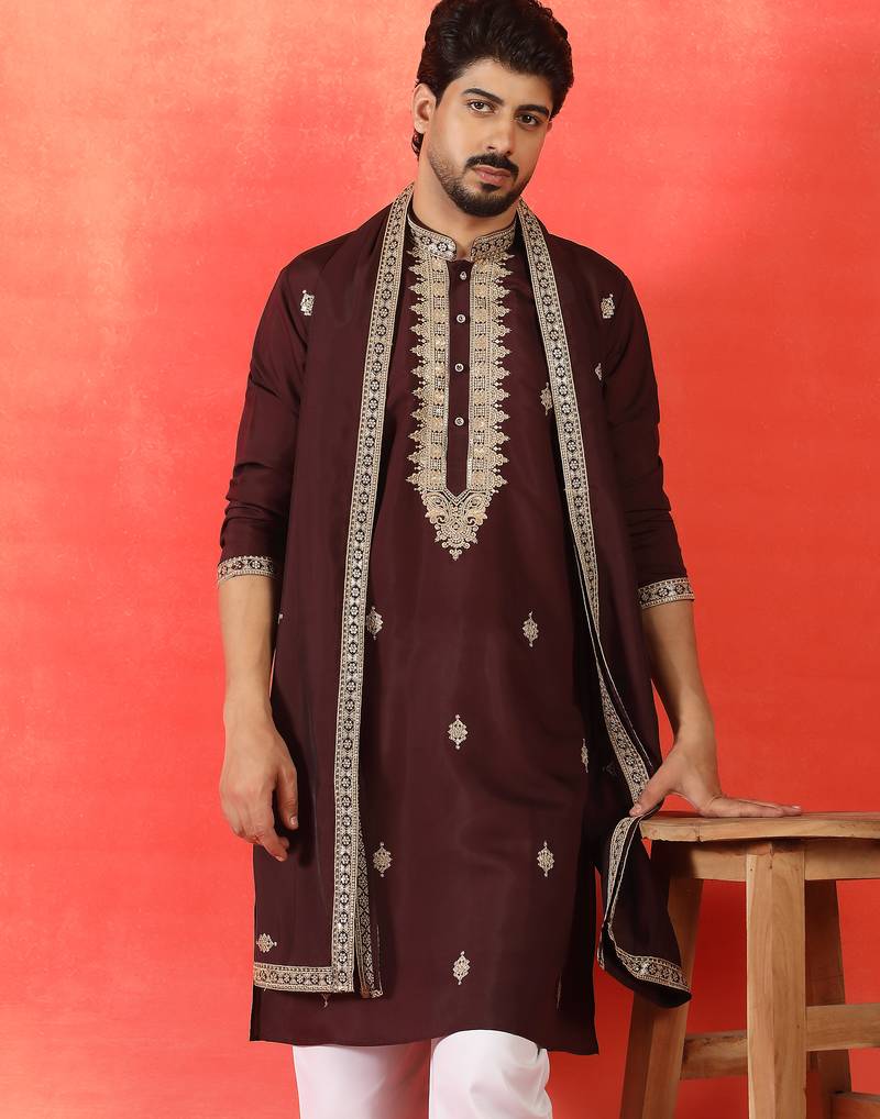 Cotton silk sequenced & embroidered maroon kurta set with dupatta
