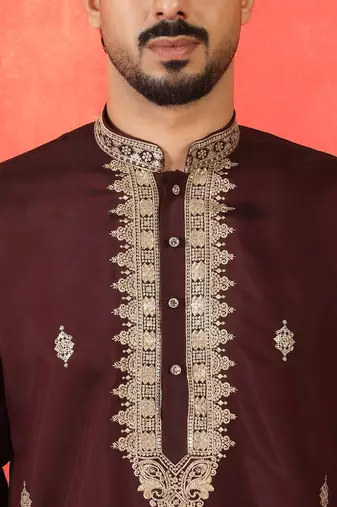 Cotton silk sequenced & embroidered maroon kurta set with dupatta