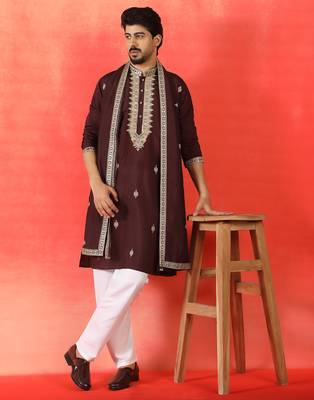 Cotton silk sequenced & embroidered maroon kurta set with dupatta 5