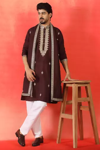 Cotton silk sequenced & embroidered maroon kurta set with dupatta