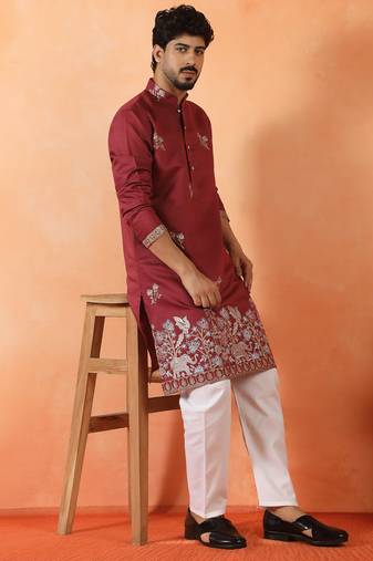 Cotton silk ethnic motifs embroidered maroon kurta with pyjamas