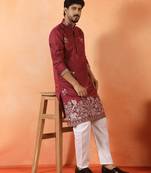 Cotton silk ethnic motifs embroidered maroon kurta with pyjamas