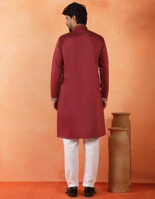 Cotton silk ethnic motifs embroidered maroon kurta with pyjamas 3