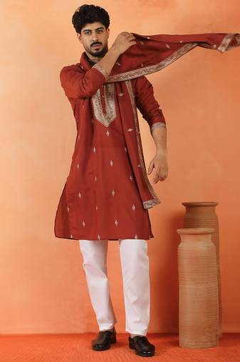 Cotton silk yoke design embroidered maroon kurta set with dupatta
