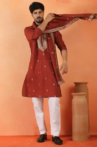 Cotton silk yoke design embroidered maroon kurta set with dupatta