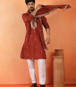 Cotton silk yoke design embroidered maroon kurta set with dupatta
