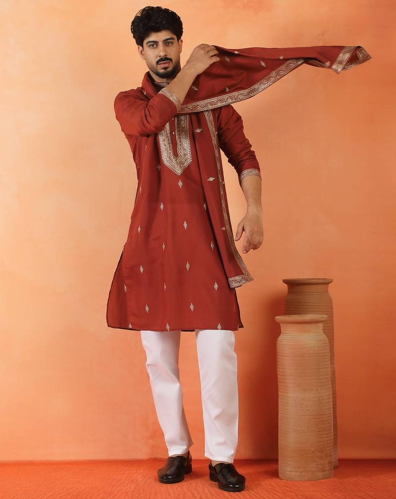 Cotton silk yoke design embroidered maroon kurta set with dupatta