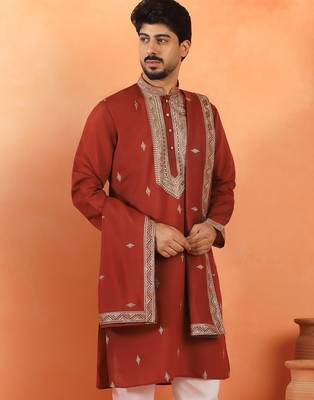 Cotton silk yoke design embroidered maroon kurta set with dupatta 5
