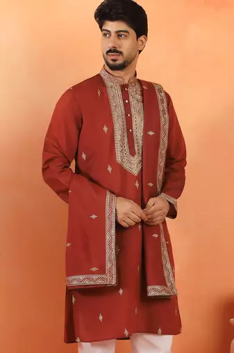 Cotton silk yoke design embroidered maroon kurta set with dupatta