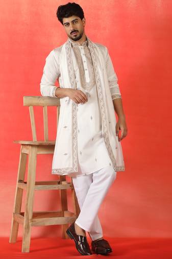 Cotton silk yoke design embroidered white kurta set with dupatta