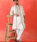 Cotton silk yoke design embroidered white kurta set with dupatta