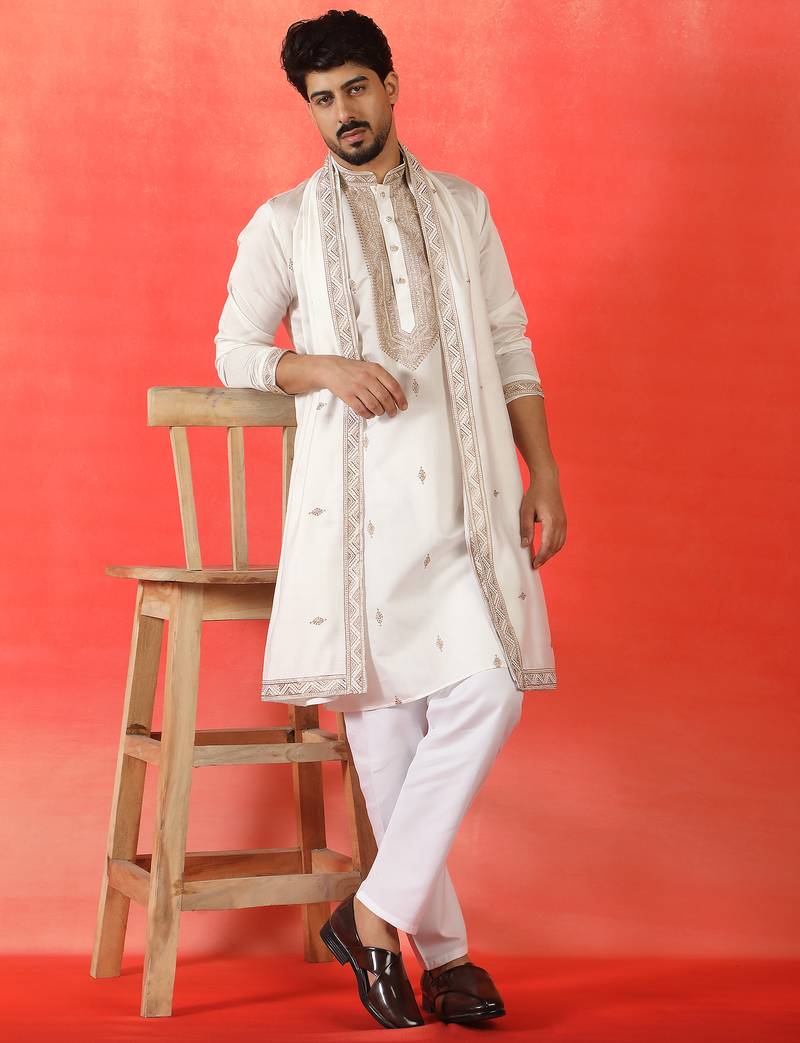 Cotton silk yoke design embroidered white kurta set with dupatta