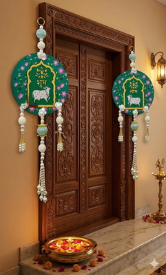 handmade shubh labh cow wall hanging decorative torantraditional latkan for home temple decor (pack of 2) 2