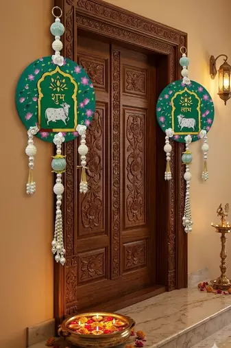 handmade shubh labh cow wall hanging decorative torantraditional latkan for home temple decor (pack of 2)
