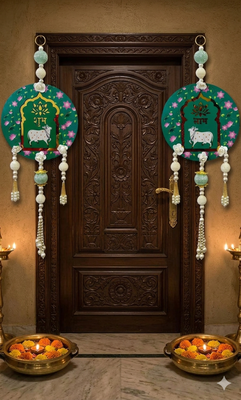 handmade shubh labh cow wall hanging decorative torantraditional latkan for home temple decor (pack of 2) 3