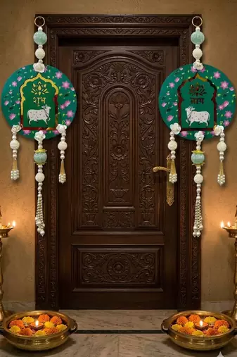 handmade shubh labh cow wall hanging decorative torantraditional latkan for home temple decor (pack of 2)