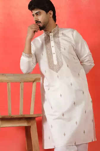 Cotton silk yoke design embroidered white kurta set with dupatta
