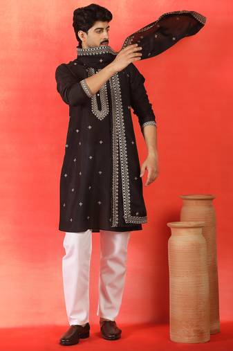 Cotton silk yoke design embroidered black kurta set with dupatta
