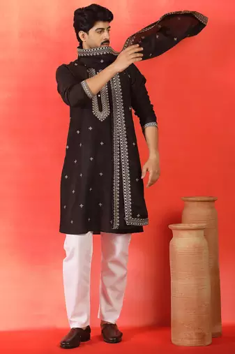 Cotton silk yoke design embroidered black kurta set with dupatta